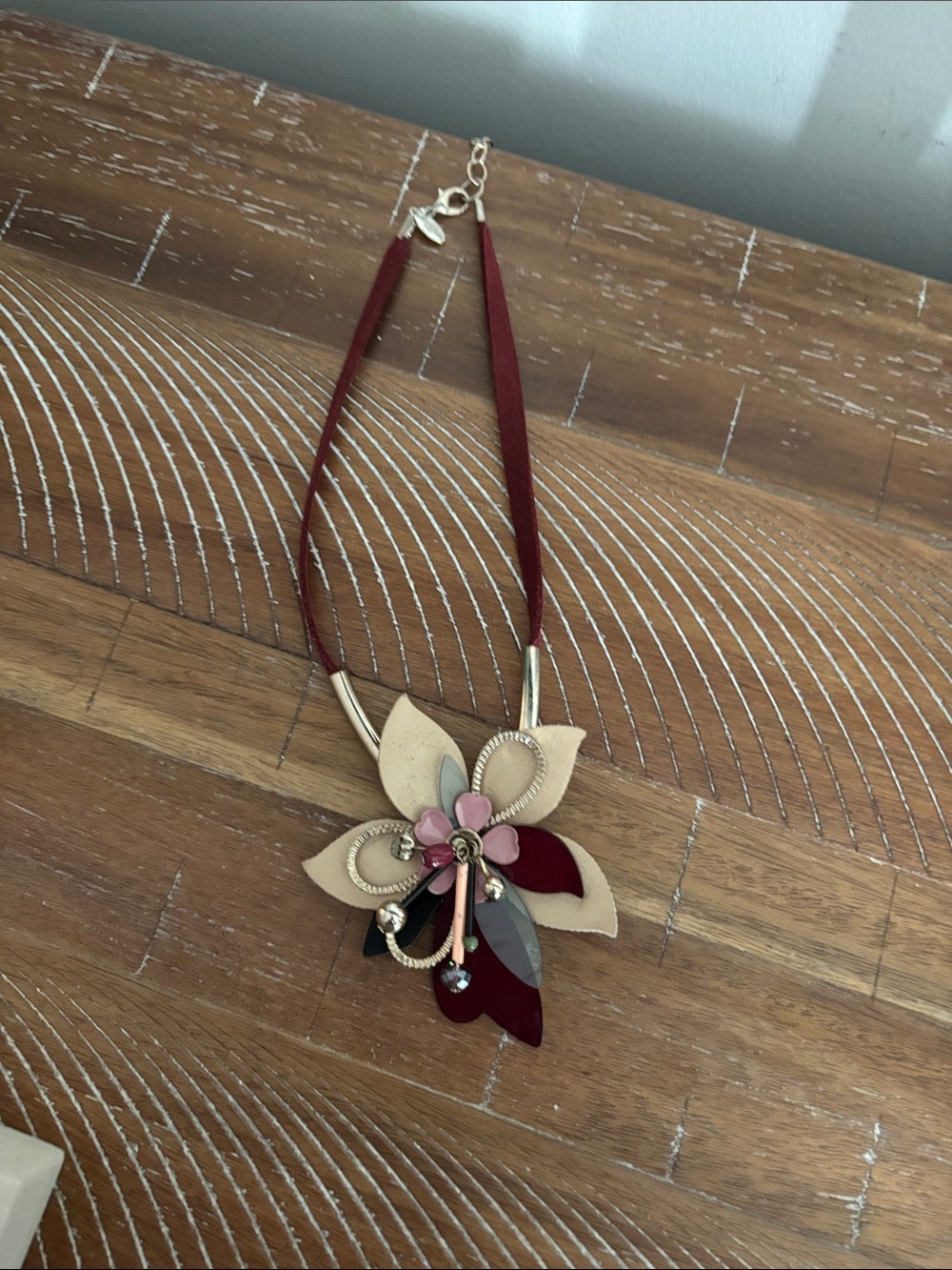 Floral Pendant Necklace in Burgundy and Cream - Women Jewelry